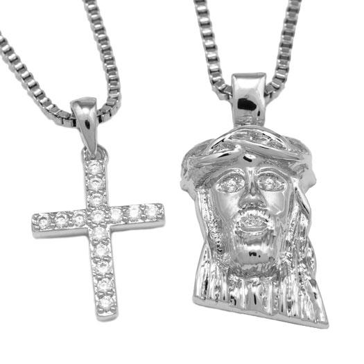18k White Gold Jesus + Iced Cross Combo With Box Chain