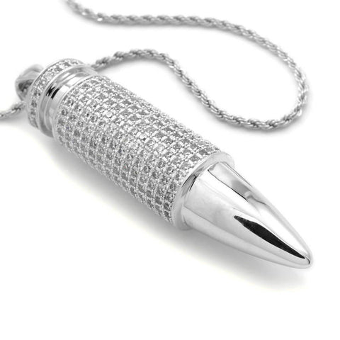 18k White Gold Iced Bullet with Rope Chain