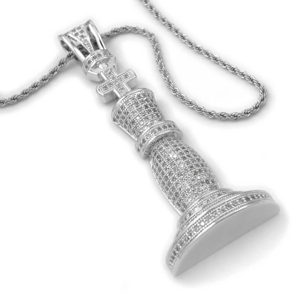 18k White Gold Iced Chess Pendant with Rope Chain