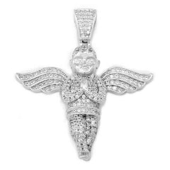 18k White Gold Praying Angel Iced Pendant With Rope Chain