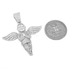 18k White Gold Praying Angel Iced Pendant With Rope Chain