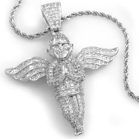 18k White Gold Praying Angel Iced Pendant With Rope Chain