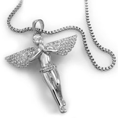 18k White Gold Praying Mini Angel Pendant With Box Chain