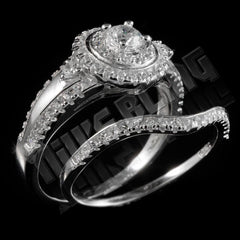 925 Sterling Silver 18k White Gold 2 Piece Accented Halo Ring