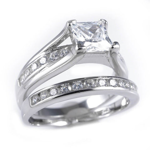 925 Sterling Silver 18k White Gold Princess Cut Accented Ring