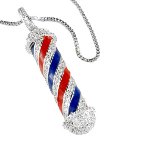 18K White Gold Iced Barber Pole With Box Chain
