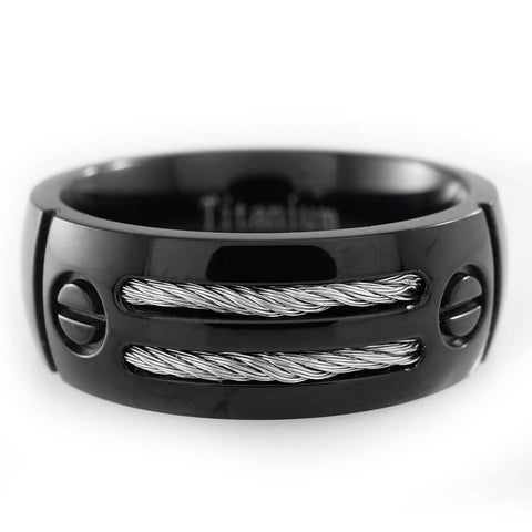 Black Stainless Steel Cable Inlay Titanium Ring