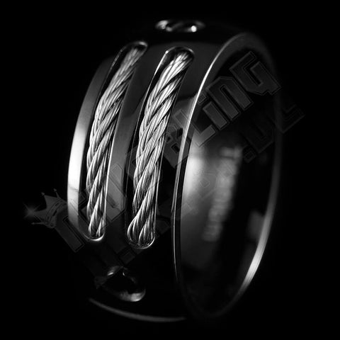 Black Stainless Steel Cable Inlay Titanium Ring