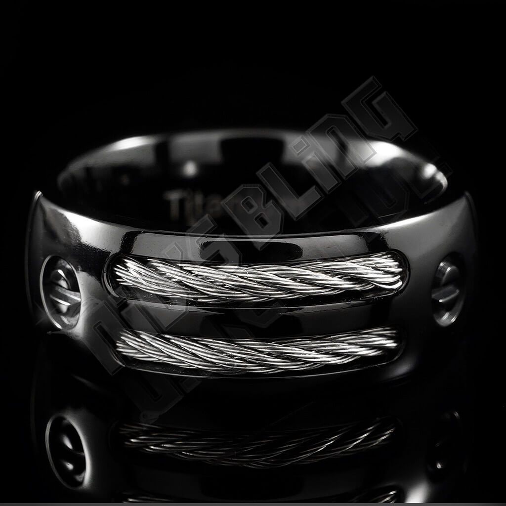 Black Stainless Steel Cable Inlay Titanium Ring