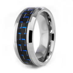 Black and Blue Carbon Fiber Silver Tungsten Carbide Ring 8MM