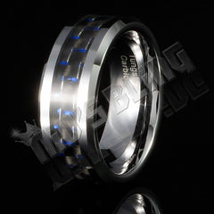 Black and Blue Carbon Fiber Silver Tungsten Carbide Ring 8MM
