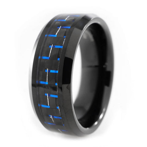 Black and Blue Carbon Fiber Tungsten Carbide Ring 8MM