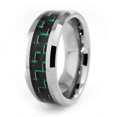 Black and Green Carbon Fiber Silver Tungsten Carbide Ring 8MM