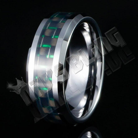 Black and Green Carbon Fiber Silver Tungsten Carbide Ring 8MM