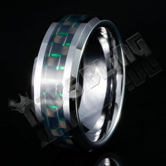 Black and Green Carbon Fiber Silver Tungsten Carbide Ring 8MM