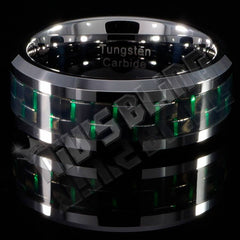 Black and Green Carbon Fiber Silver Tungsten Carbide Ring 8MM