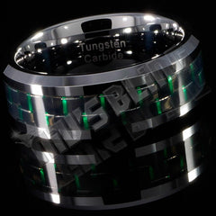 Black and Green Carbon Fiber Silver Tungsten Carbide Ring 8MM