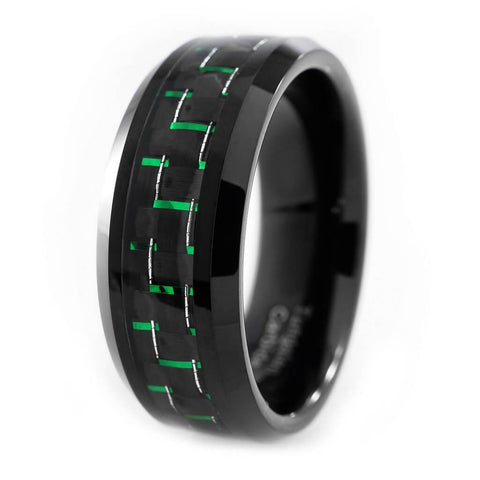 Black and Green Carbon Fiber Tungsten Carbide Ring 8MM