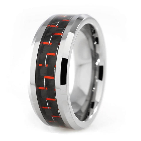 Black and Red Carbon Fiber Silver Tungsten Carbide Ring 8MM