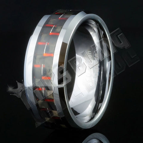 Black and Red Carbon Fiber Silver Tungsten Carbide Ring 8MM