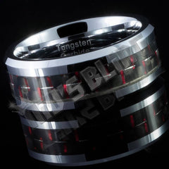 Black and Red Carbon Fiber Silver Tungsten Carbide Ring 8MM