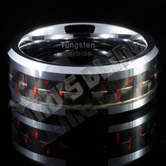 Black and Red Carbon Fiber Silver Tungsten Carbide Ring 8MM