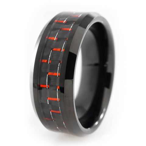 Black and Red Carbon Fiber Tungsten Carbide Ring 8MM