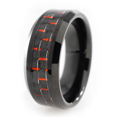 Black and Red Carbon Fiber Tungsten Carbide Ring 8MM