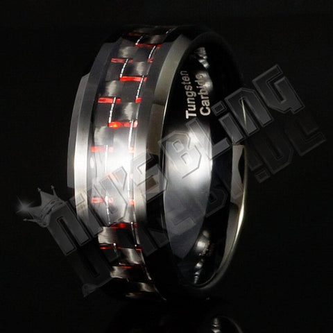 Black and Red Carbon Fiber Tungsten Carbide Ring 8MM