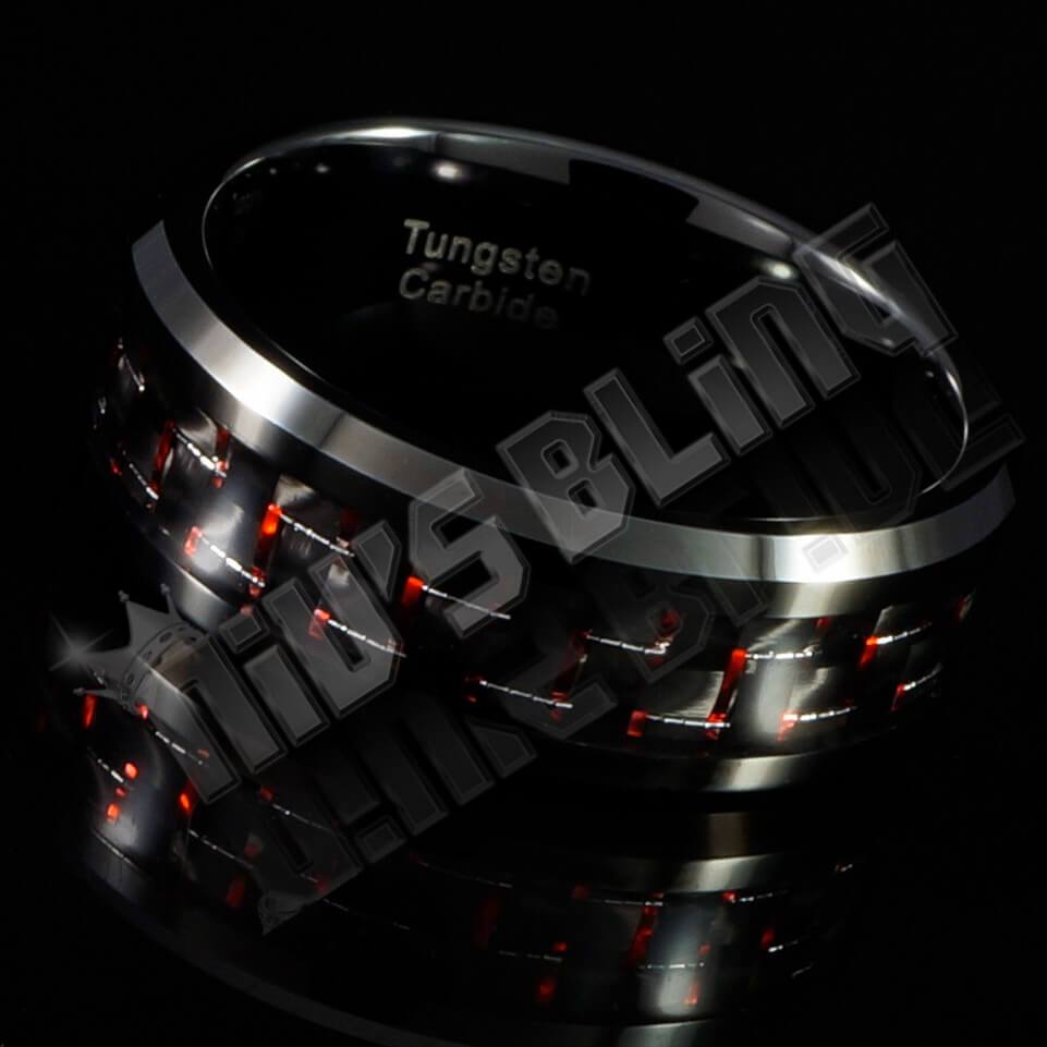 Black and Red Carbon Fiber Tungsten Carbide Ring 8MM