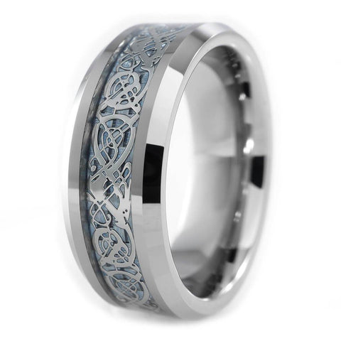 Blue Carbon Fiber Silver Celtic Dragon Tungsten Carbide Ring 8MM