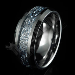 Blue Carbon Fiber Silver Celtic Dragon Tungsten Carbide Ring 8MM