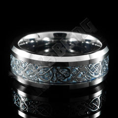 Blue Carbon Fiber Silver Celtic Dragon Tungsten Carbide Ring 8MM