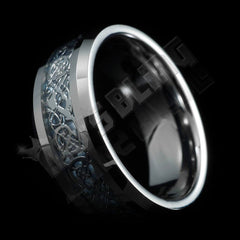 Blue Carbon Fiber Silver Celtic Dragon Tungsten Carbide Ring 8MM