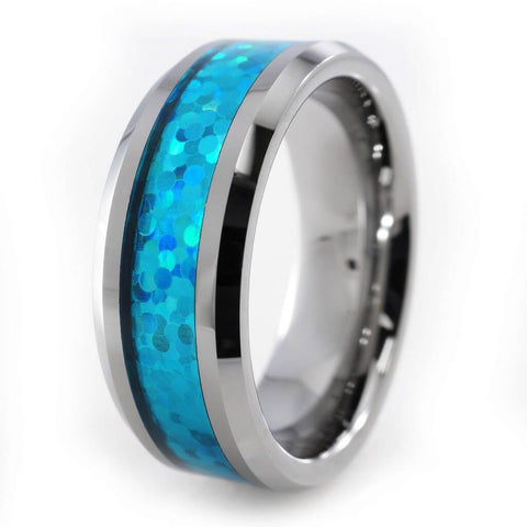 Blue Opal Silver Tungsten Carbide Ring 8MM