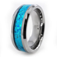 Blue Opal Silver Tungsten Carbide Ring 8MM