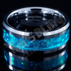 Blue Opal Silver Tungsten Carbide Ring 8MM