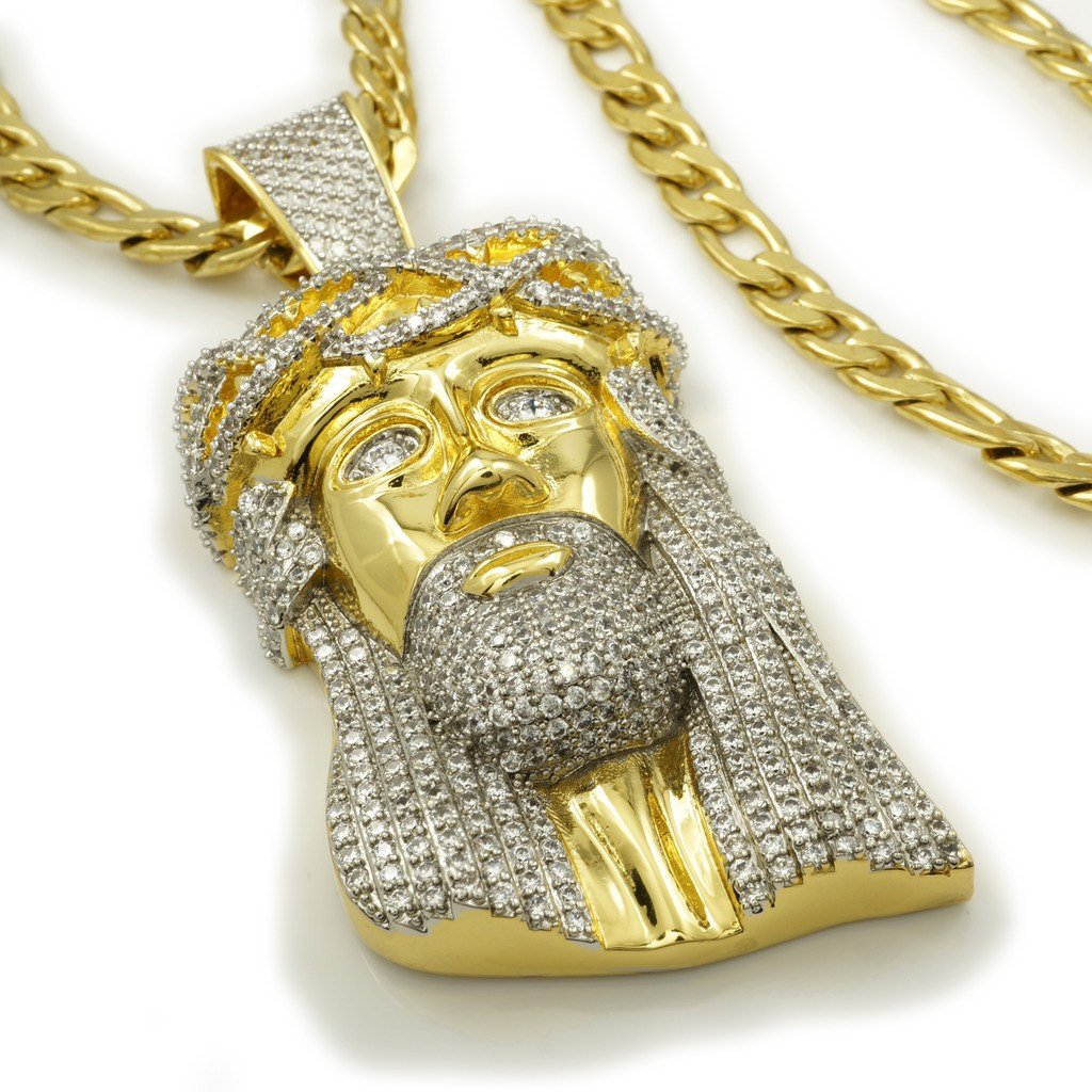 18K Gold Iced Jesus Piece With Figaro Chain