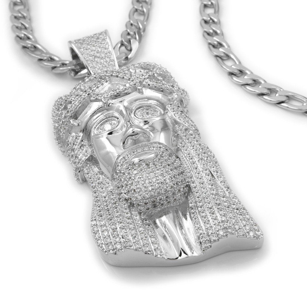 18K White Gold Iced Jesus Piece With Figaro Chain