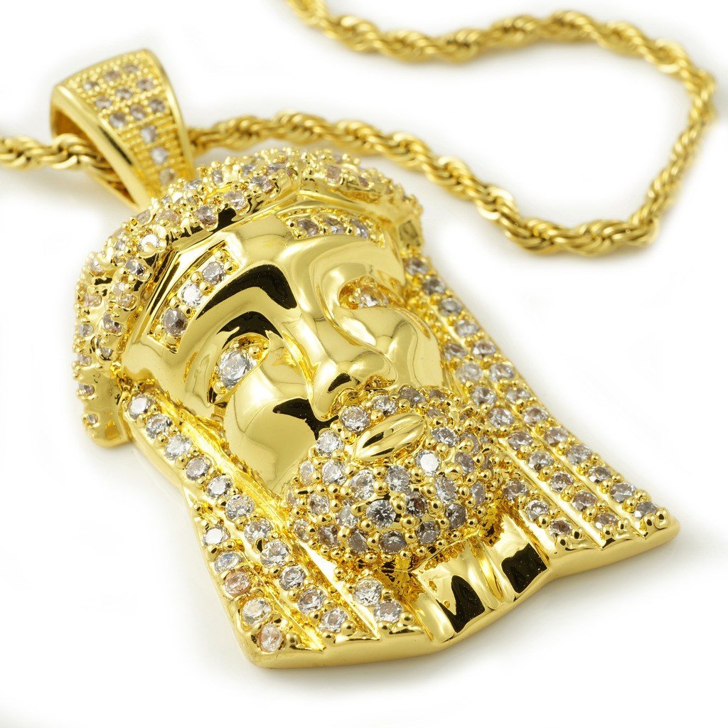 18k Gold Iced Mini Jesus Piece 2 With Rope Chain Niv s Bling