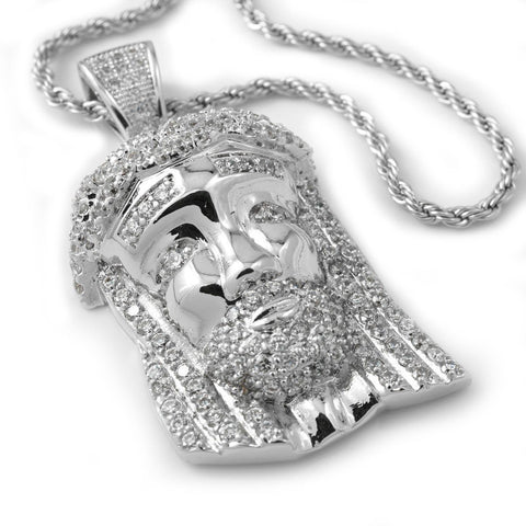 18k White Gold Iced Mini Jesus Piece 2 With Rope Chain