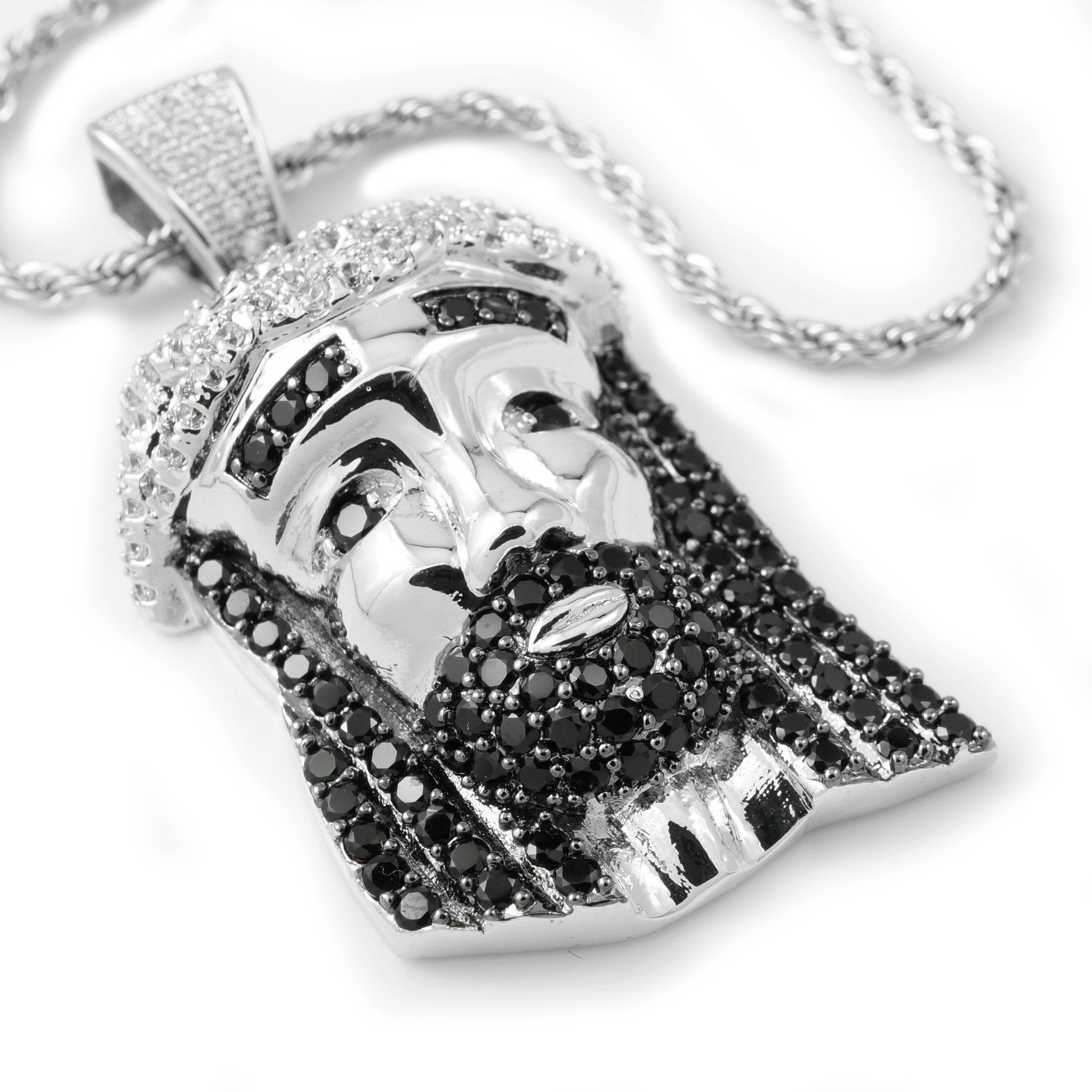 18k White Gold/Black CZ Iced Mini Jesus Piece 2 with Rope Chain