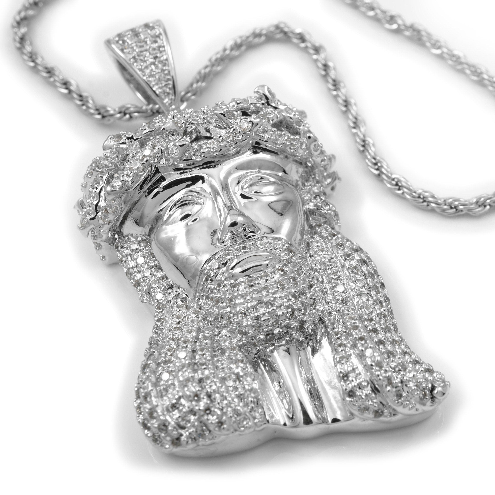 18k White Gold Mini Jesus Piece With Rope Chain – Niv's Bling