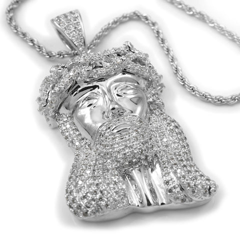 18k White Gold Mini Jesus Piece 4 With Rope Chain