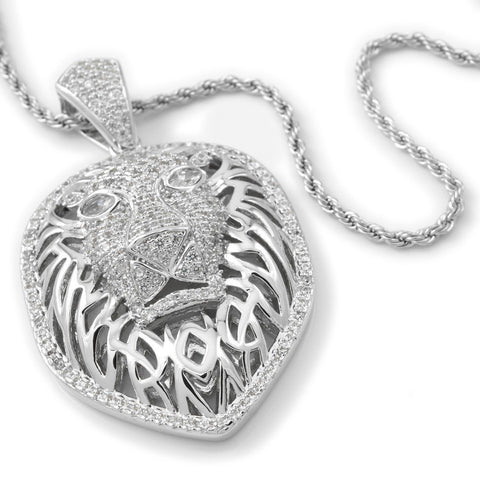 18k White Gold Tiger King Lion Pendant with Rope Chain