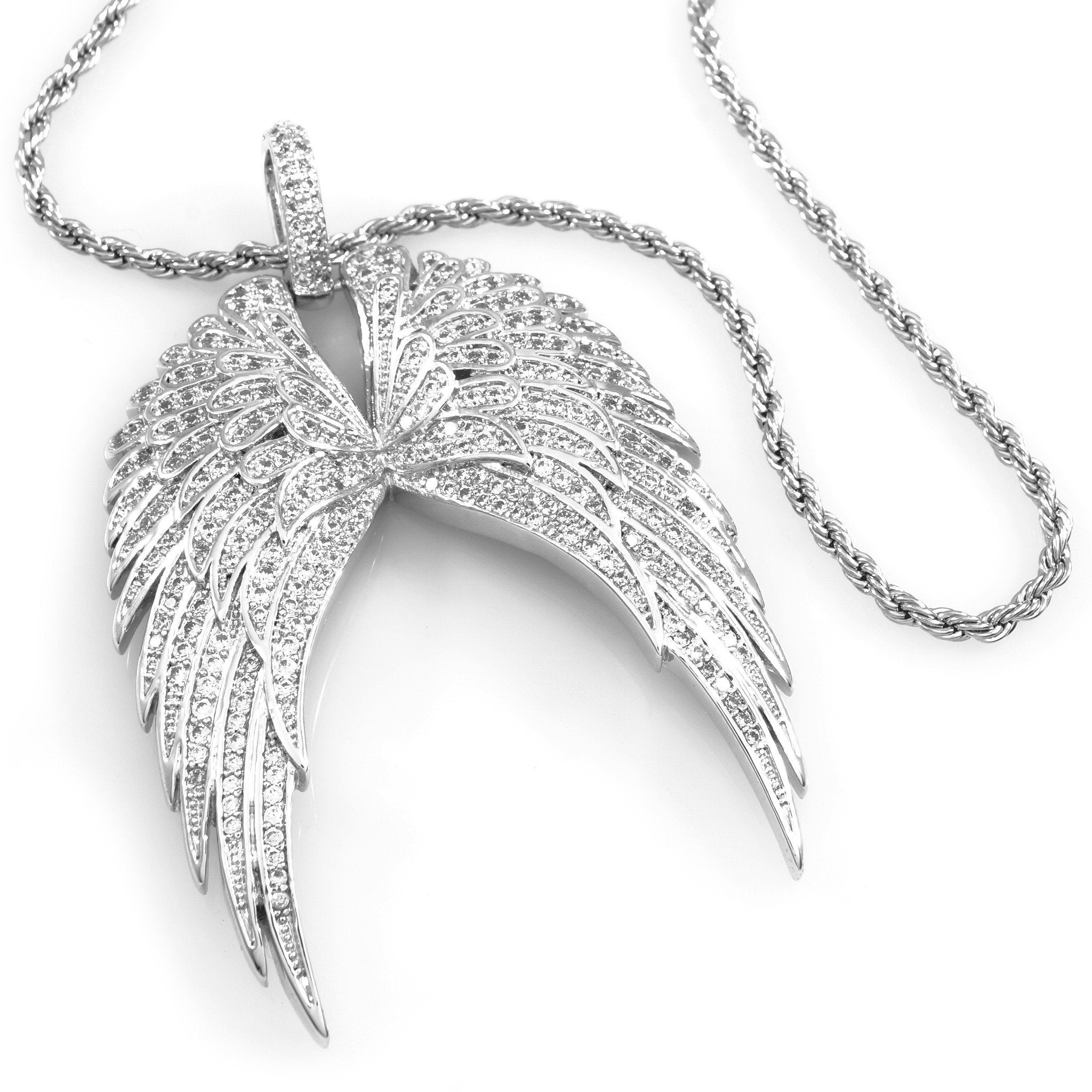 18K White Gold Guardian Angel Wing Pendant With Rope Chain