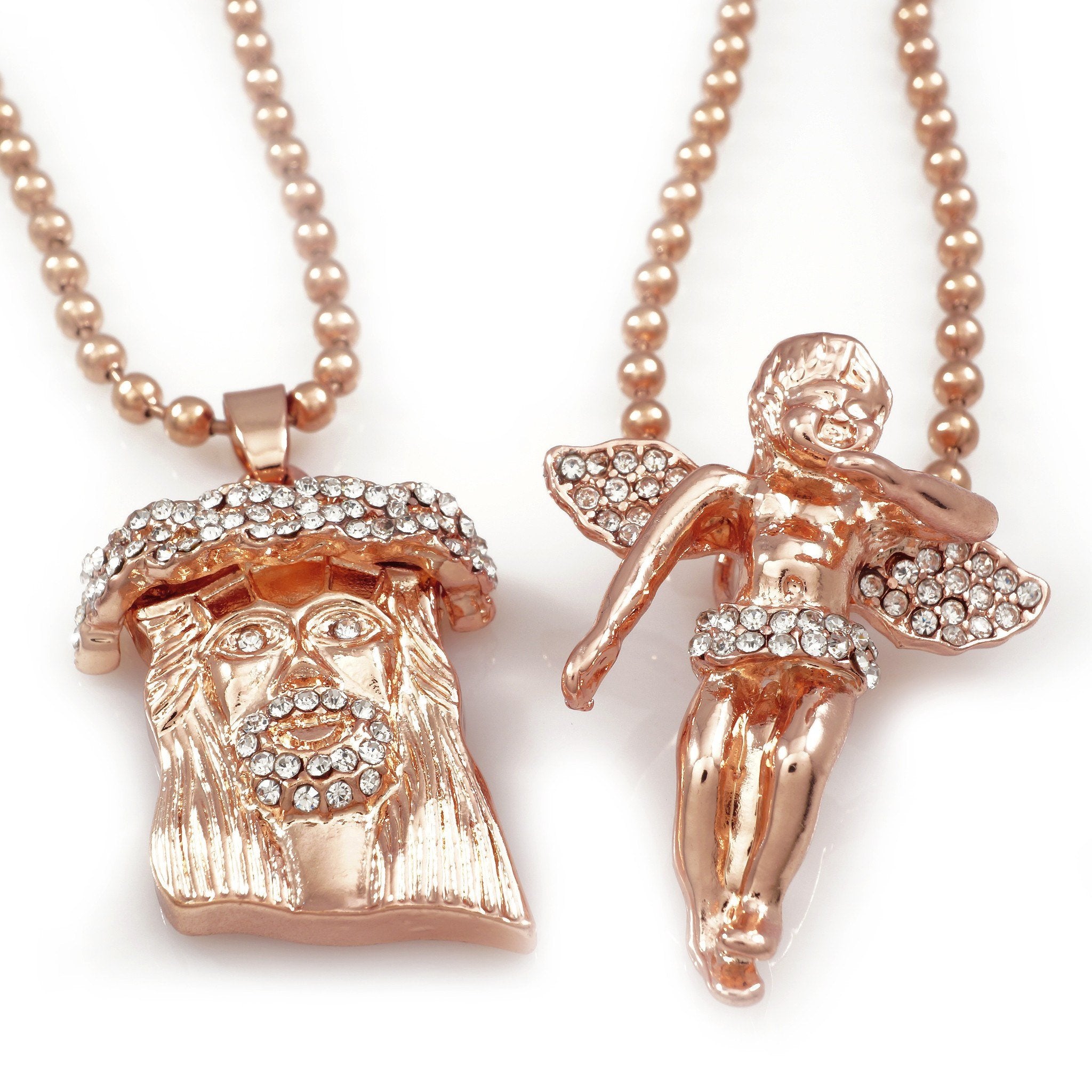 18k Iced Rose Gold Angel and Jesus Piece Combo With Ball Chain