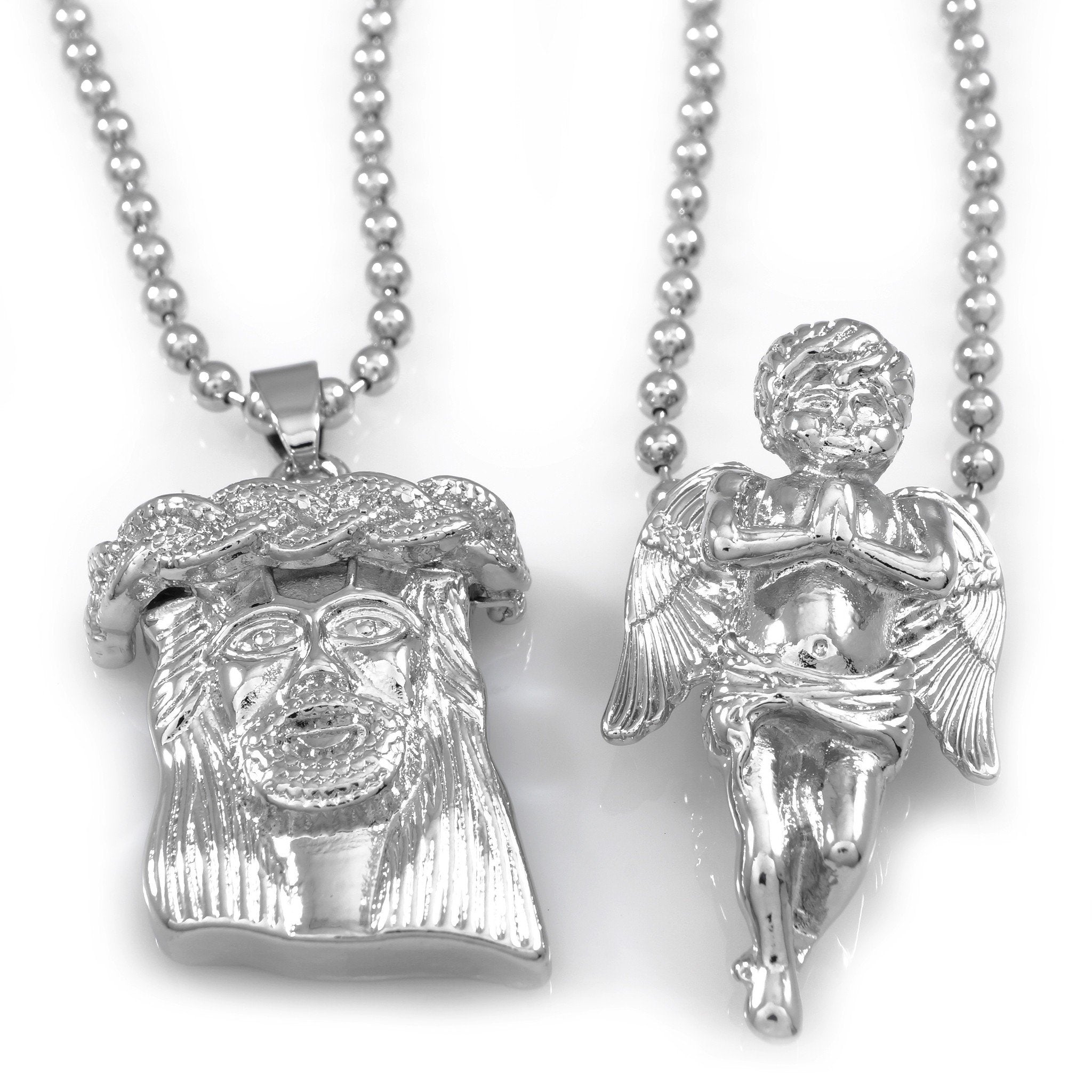 18K White Gold Angel and Jesus Piece Combo With Ball Chain
