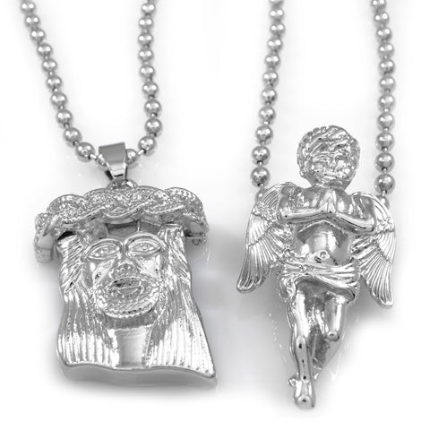 18K White Gold Angel and Jesus Piece Combo With Ball Chain