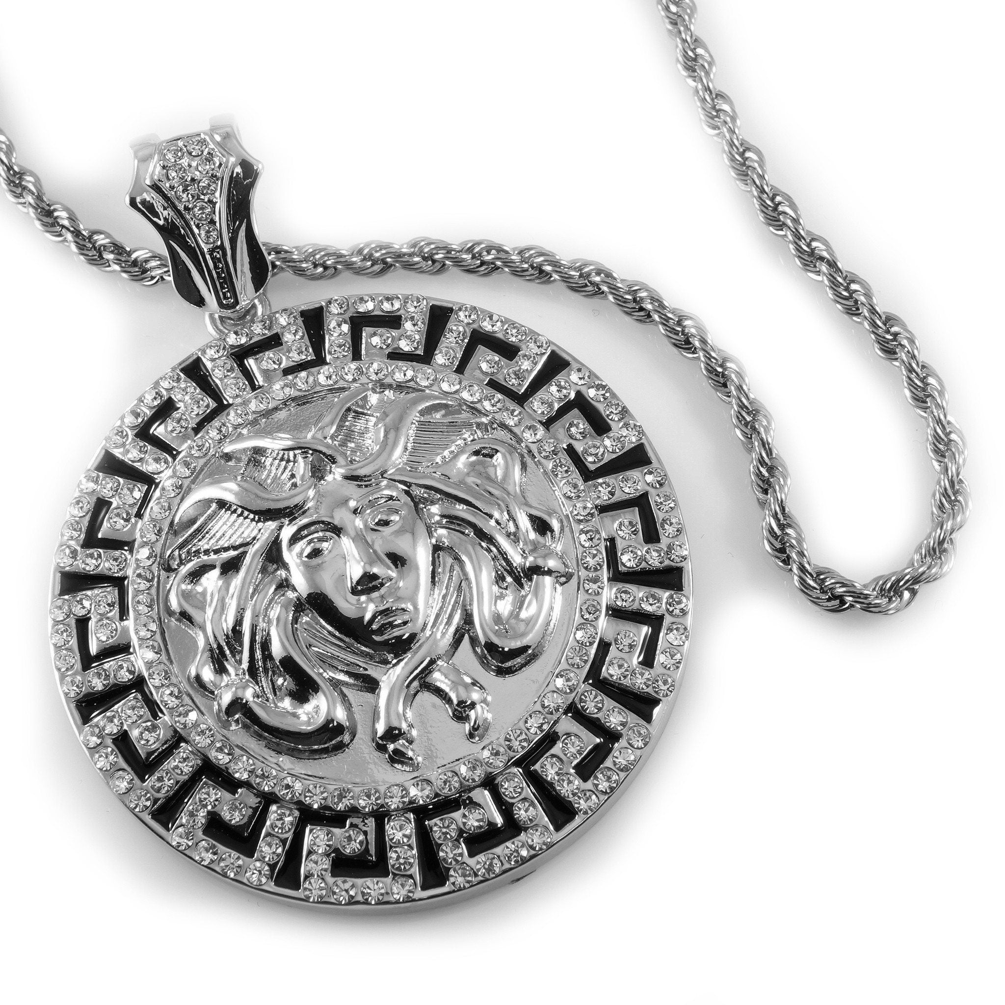 14k White Gold Iced Medusa Pendant With Chain